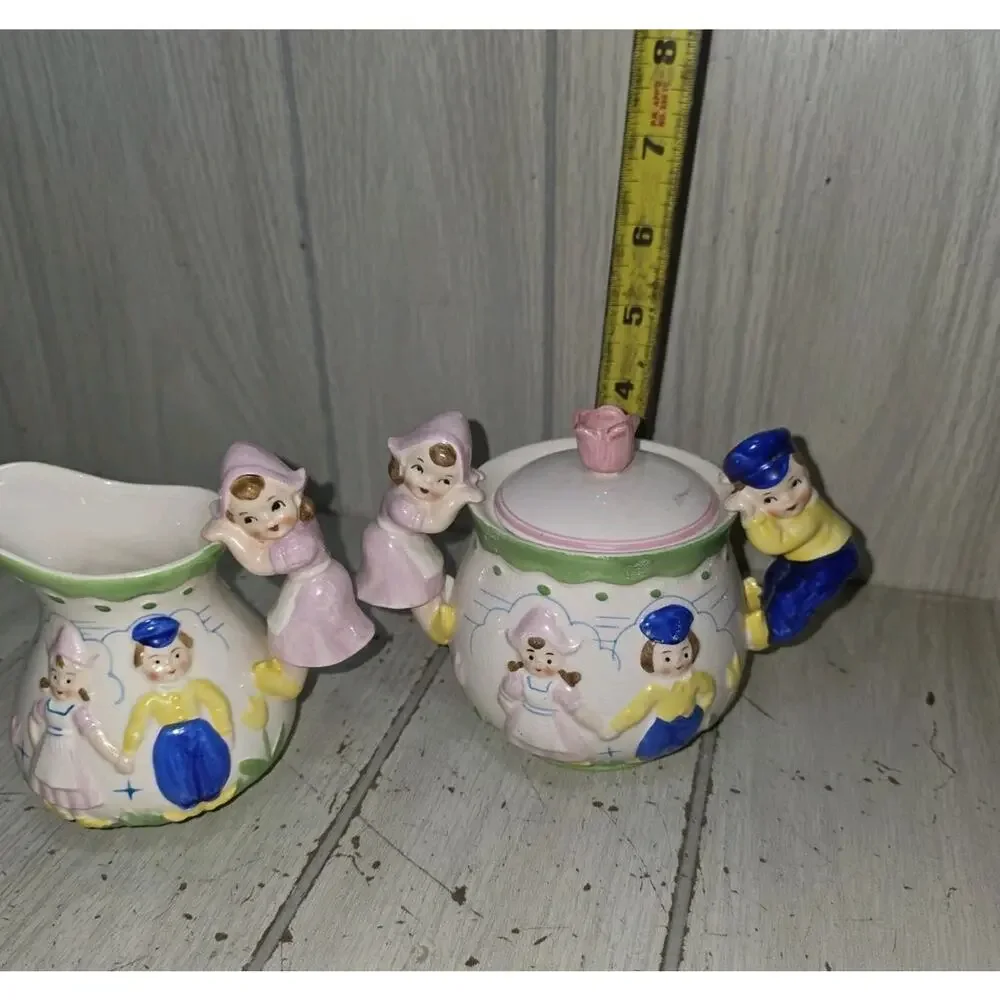 Vtg Green Trim Dutch Holland Windmill Boy & Girl Creamer and Sugar Set Kitschy